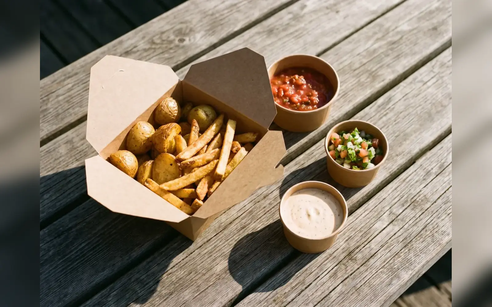 Offene Pappschale mit Röstkartoffeln und Pommes frites auf grauen Holzbohlen, daneben drei kleine Becher mit roter Salsa, grüner Pico de Gallo und heller Sauce