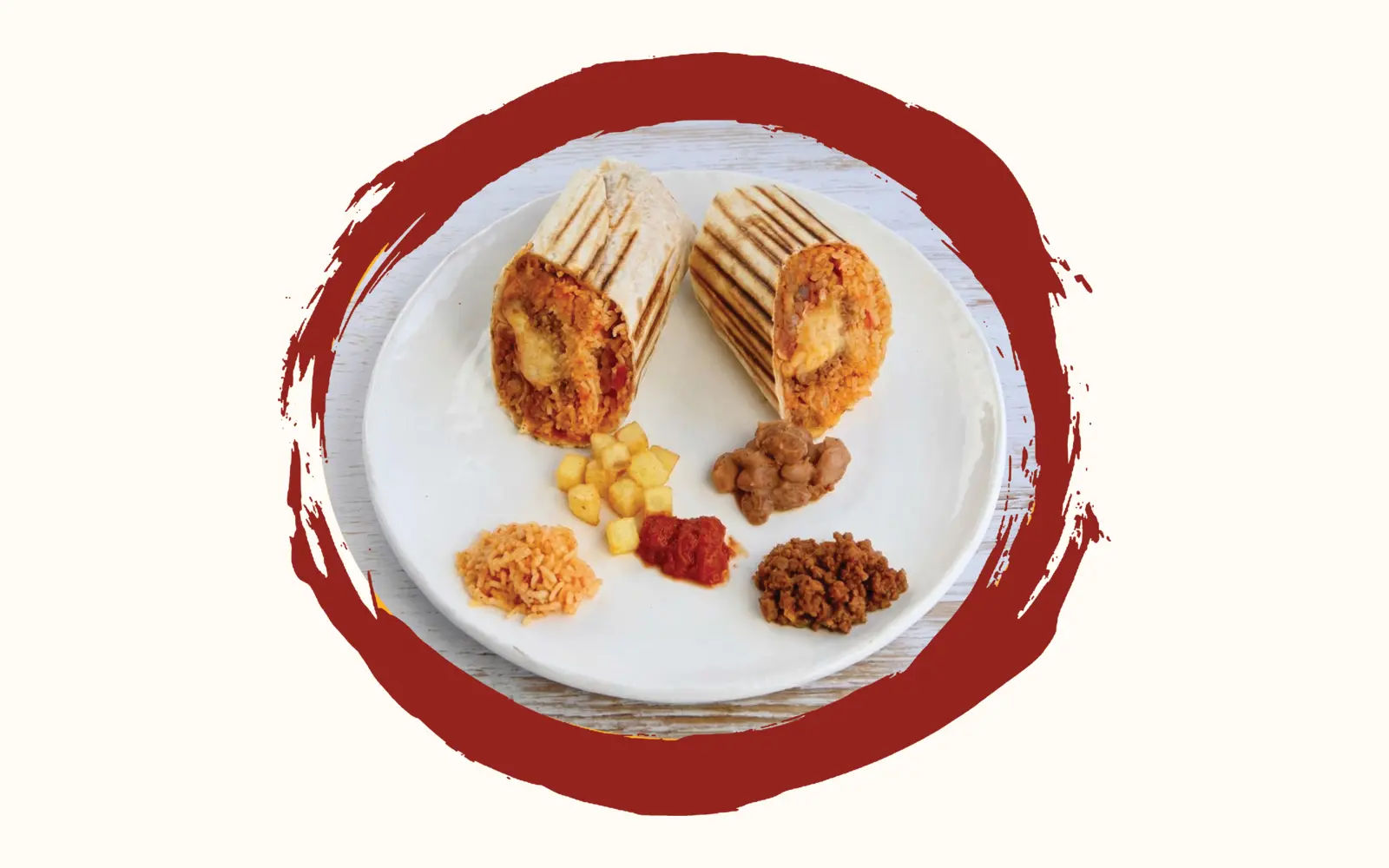 Zwei auf der Platte gegrillte Burritos im Anschnitt auf einem weissen Teller, daneben Röstkartoffeln, braune Bohnen, Salsa und Tex-Mex-Reis