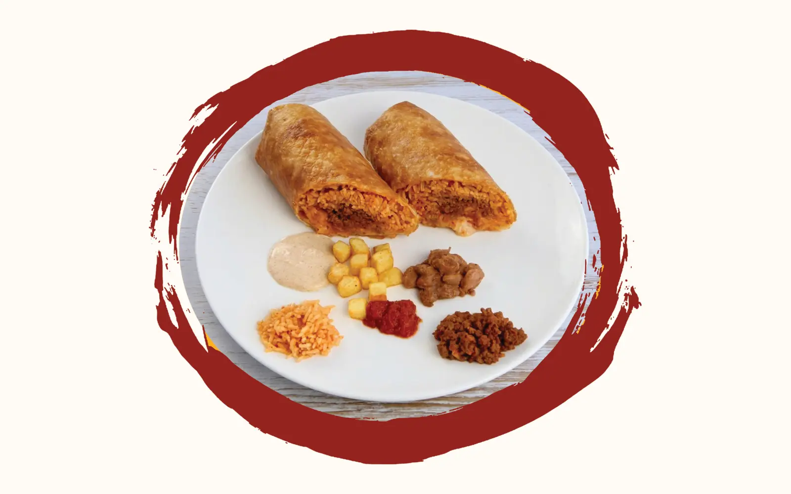 Zwei goldbraun frittierte Tortillarollen im Anschnitt auf einem weissen Teller, daneben helle California-Sauce, Röstkartoffeln, braune Bohnen, Salsa, Tex-Mex-Reis und gewürztes Hackfleisch