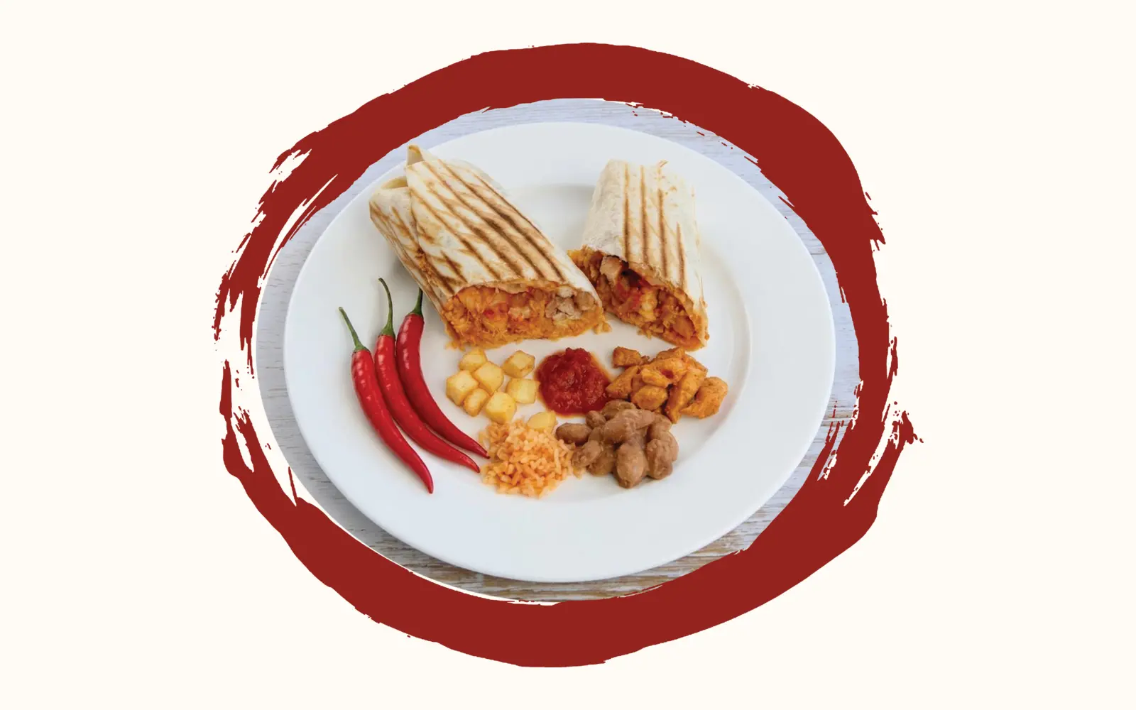 Zwei gefüllte Tortillarollen im Anschnitt auf einem weissen Teller, daneben rote Chilischoten, Röstkartoffeln, Salsa, Tex-Mex-Reis, Bohnen und Hähnchenstücke