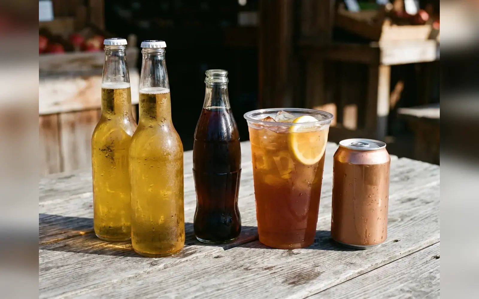 Kalte Getränke nebeneinander auf grauen Holzbohlen in der Sonne: zwei beschlagene Bierflaschen, eine Colaflasche, ein Becher Eistee mit Eiswürfeln und eine Dose